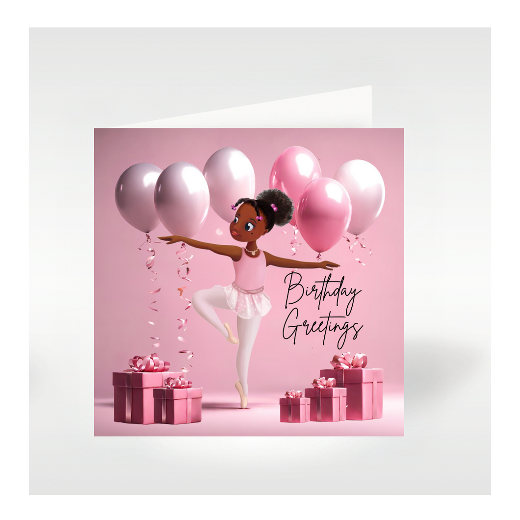 Nia Ballerina Birthday Card - Passe Releve Ballet Pose | Ballet Birthday Card | Balloons