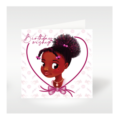 A6 Size Square Birthday Card with a face of a Black Ballerina with ponytail and pink beads on the front of the card.