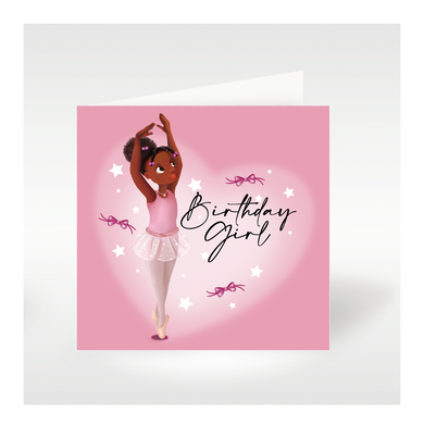 A6 Size Square Birthday Card with an image of a black ballerina standing on pointed toes with hands in the air.