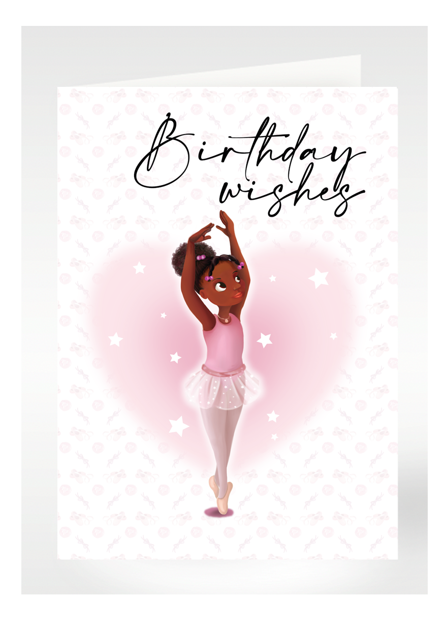 A5 Size Birthday Card with an image of a black ballerina standing on their toes with arms before the head.