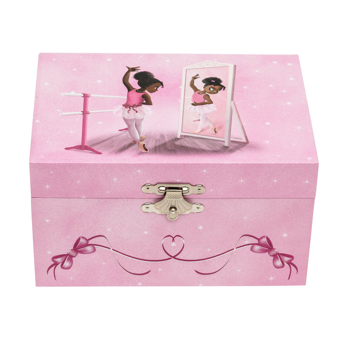 Pink jewellery box with a image of a black ballerina dancing in the mirror.